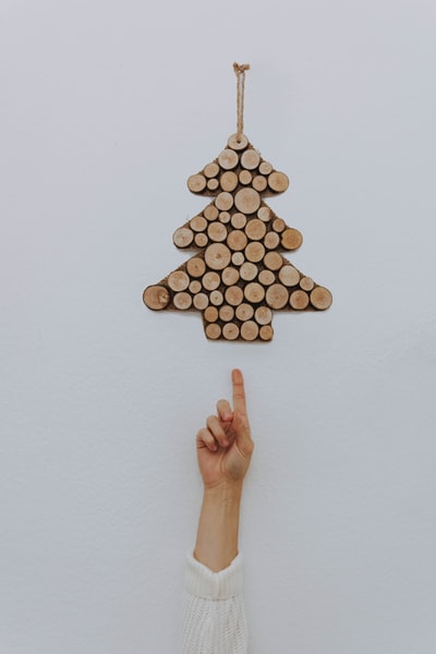 指着挂着棕色圣诞树装饰的人